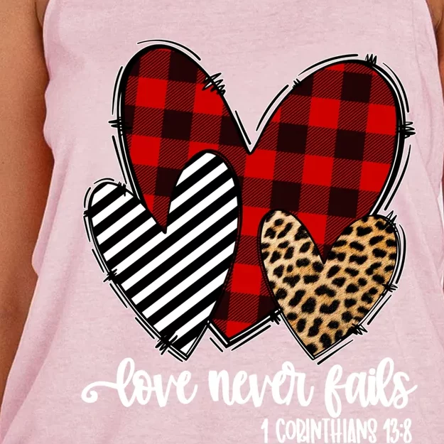 Leopard Buffalo Plaid Hearts Love Never Fails Valentines Day Gift Women's Knotted Racerback Tank