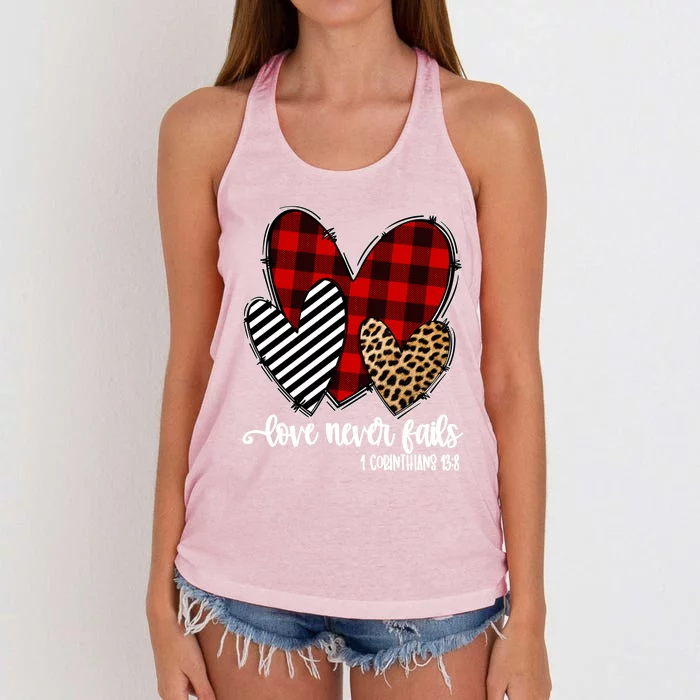 Leopard Buffalo Plaid Hearts Love Never Fails Valentines Day Gift Women's Knotted Racerback Tank