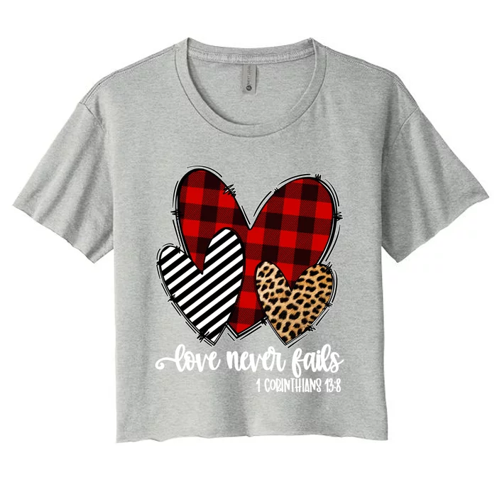 Leopard Buffalo Plaid Hearts Love Never Fails Valentines Day Gift Women's Crop Top Tee