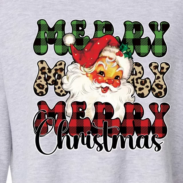 Leopard Buffalo Plaid Merry Christmas Retro Face Santa Xmas Gift Cropped Pullover Crew