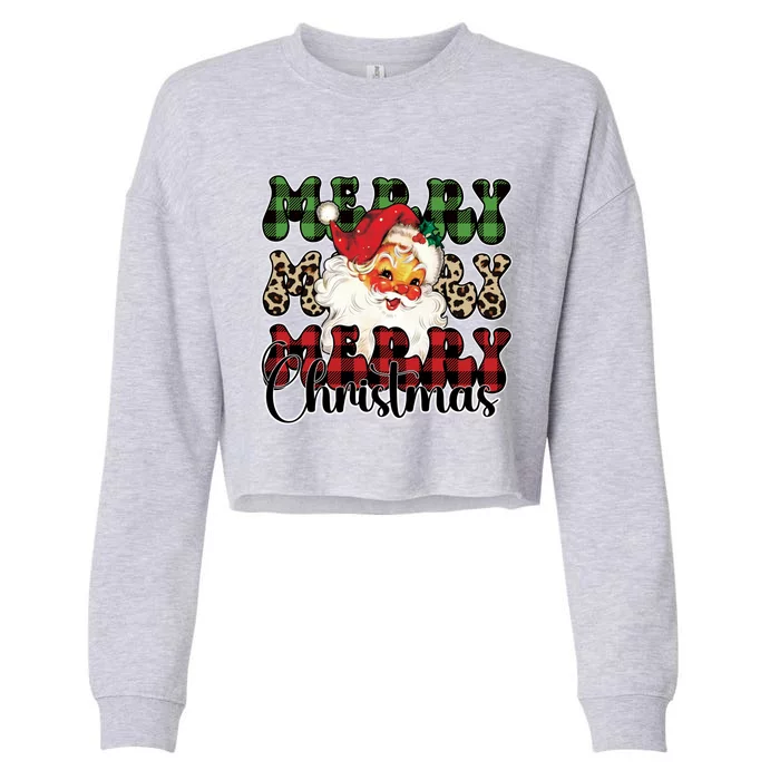 Leopard Buffalo Plaid Merry Christmas Retro Face Santa Xmas Gift Cropped Pullover Crew