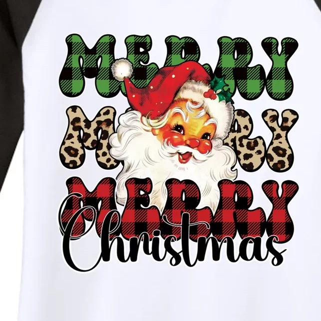 Leopard Buffalo Plaid Merry Christmas Retro Face Santa Xmas Gift Women's Tri-Blend 3/4-Sleeve Raglan Shirt