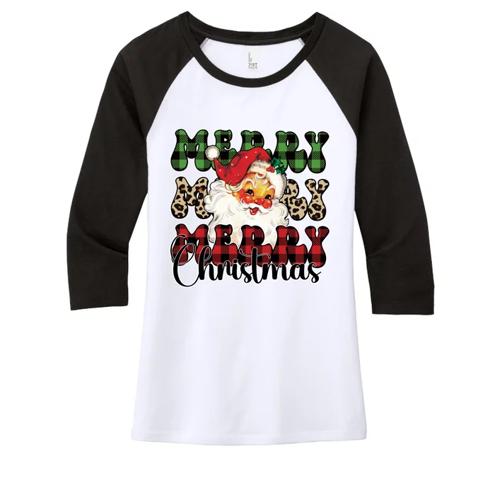 Leopard Buffalo Plaid Merry Christmas Retro Face Santa Xmas Gift Women's Tri-Blend 3/4-Sleeve Raglan Shirt