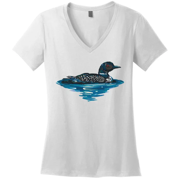 Loon Bird Painting Duck Lake Women's V-Neck T-Shirt