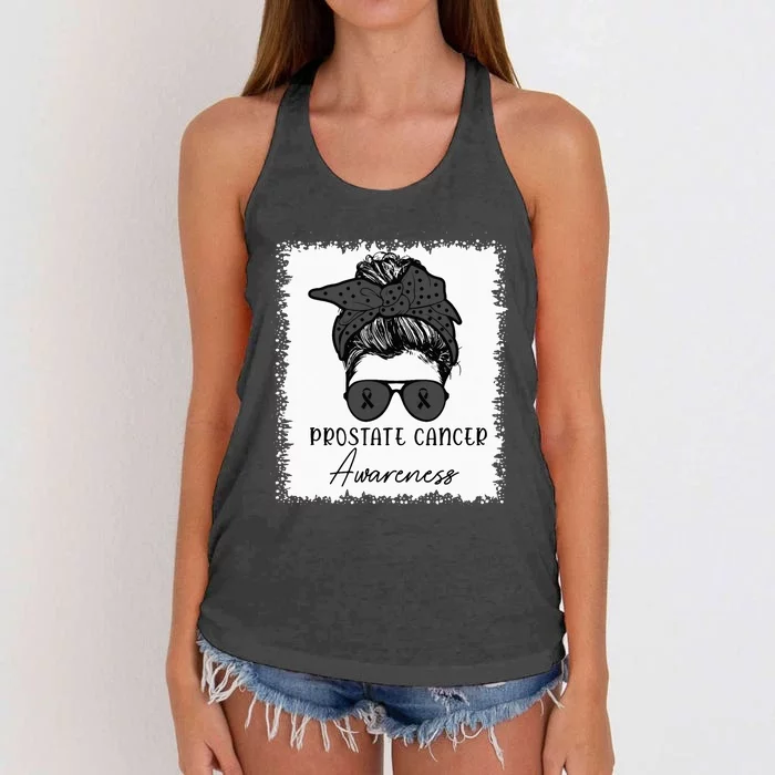 Light Blue Prostate Cancer Bleached Messy Bun Women's Knotted Racerback Tank