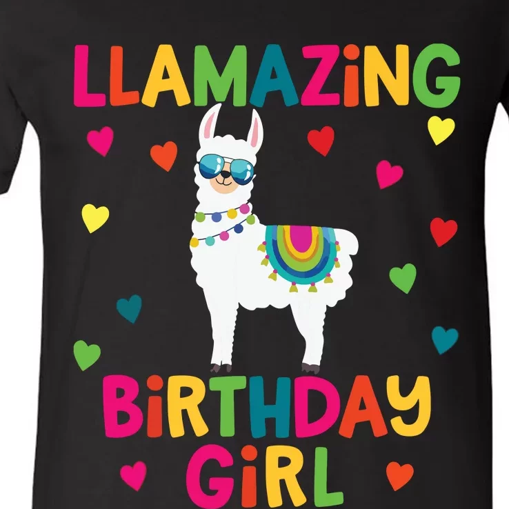 Llama Birthday Party LLamazing Girl Rainbow Hearts Gift V-Neck T-Shirt