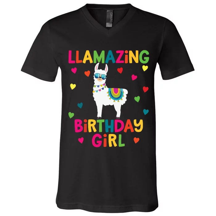 Llama Birthday Party LLamazing Girl Rainbow Hearts Gift V-Neck T-Shirt