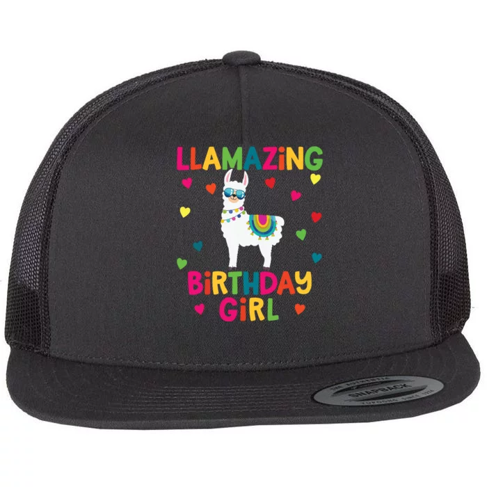 Llama Birthday Party LLamazing Girl Rainbow Hearts Gift Flat Bill Trucker Hat