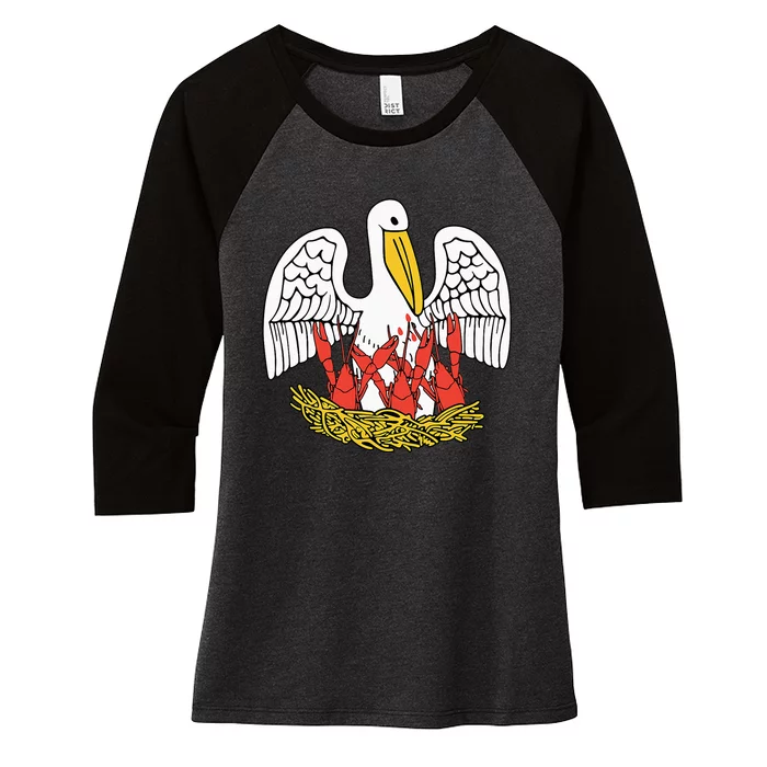 Louisiana Brown Pelican Feeding Crawfish La Flag Women's Tri-Blend 3/4-Sleeve Raglan Shirt