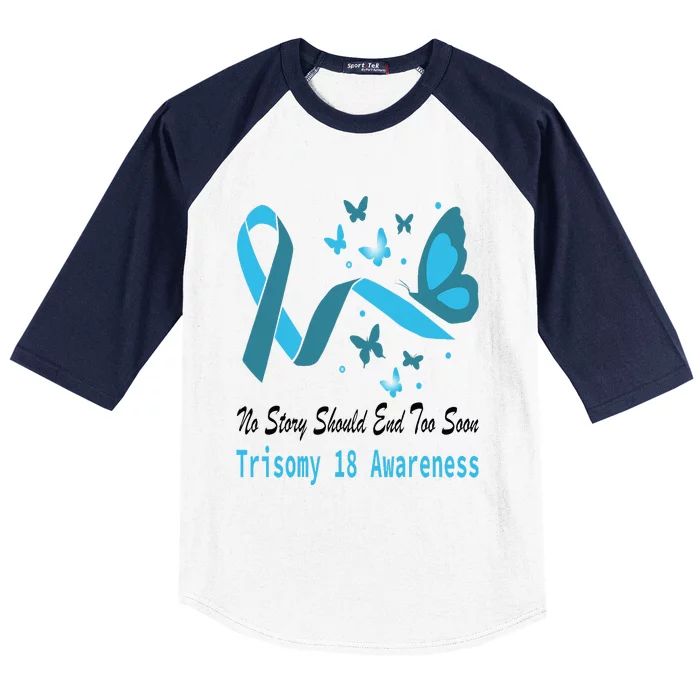 Light Blue Ribbon for Trisomy 18 Awareness with Butterfly Design Baseball Sleeve Shirt