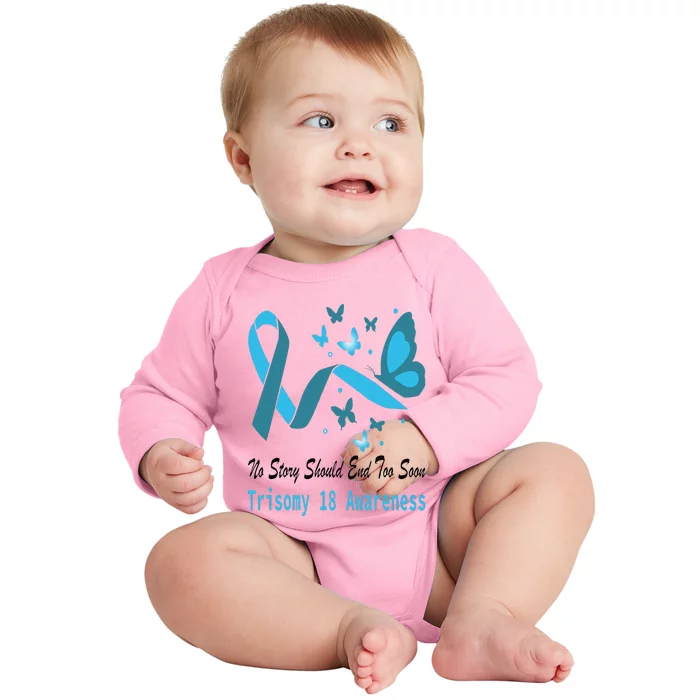 Light Blue Ribbon for Trisomy 18 Awareness with Butterfly Design Baby Long Sleeve Bodysuit