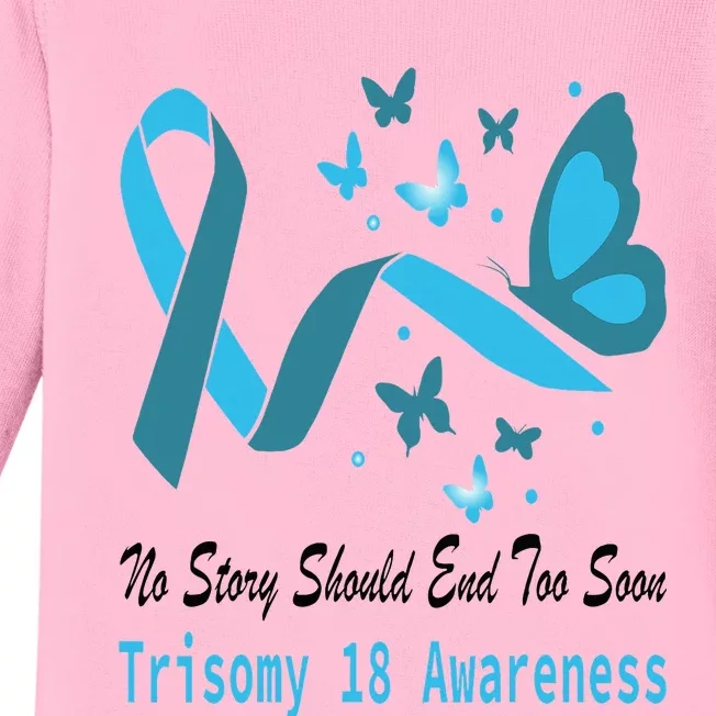 Light Blue Ribbon for Trisomy 18 Awareness with Butterfly Design Baby Long Sleeve Bodysuit