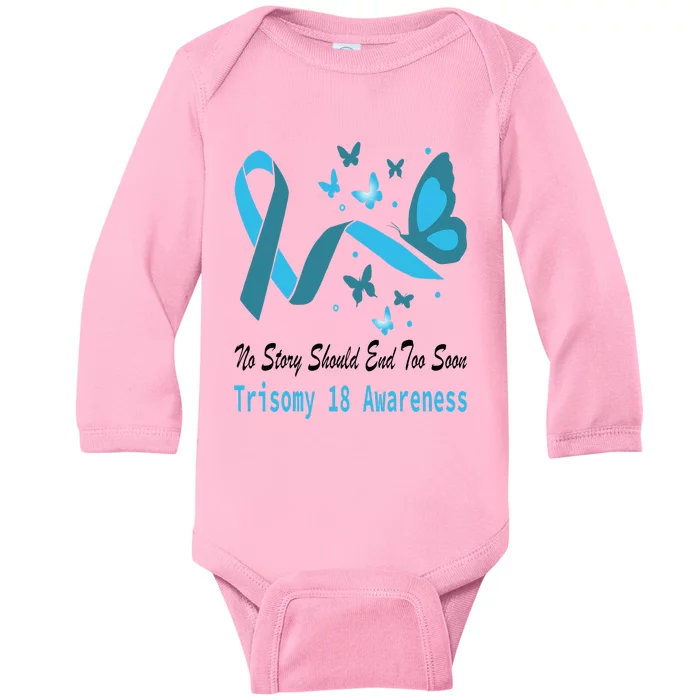 Light Blue Ribbon for Trisomy 18 Awareness with Butterfly Design Baby Long Sleeve Bodysuit