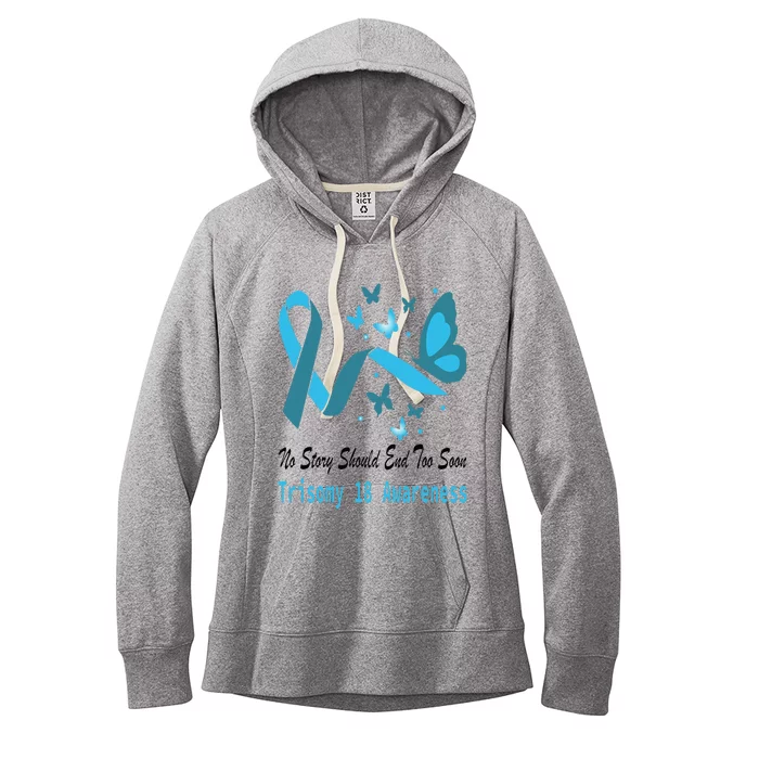 Light Blue Ribbon for Trisomy 18 Awareness with Butterfly Design Women's Fleece Hoodie