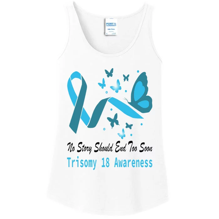 Light Blue Ribbon for Trisomy 18 Awareness with Butterfly Design Ladies Essential Tank