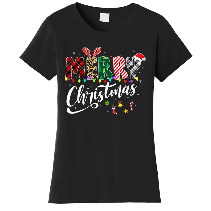 Leopard Buffalo Red Plaid Merry Christmas Women's T-Shirt