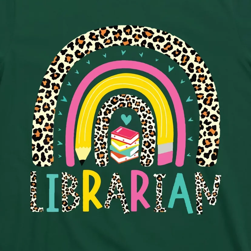 Librarian Boho Rainbow Leopard Back To School Bookworm Funny T-Shirt