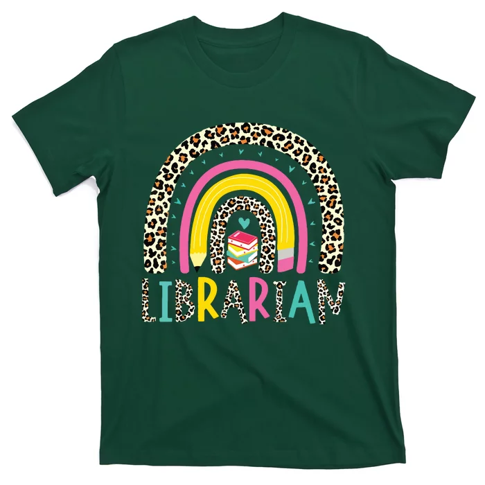 Librarian Boho Rainbow Leopard Back To School Bookworm Funny T-Shirt