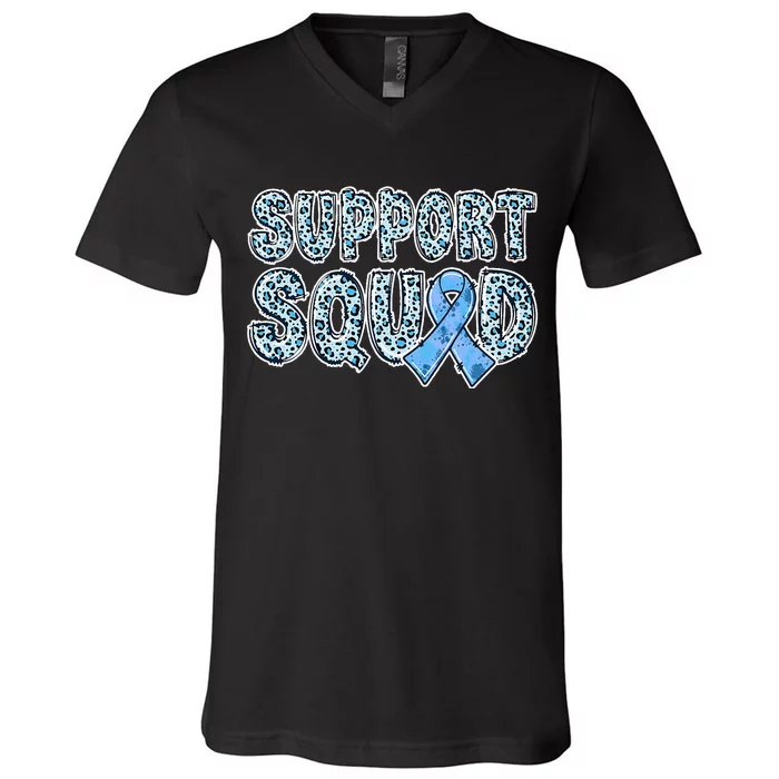 Light Blue Ribbon Leopard Support Squad Prostate Cancer V-Neck T-Shirt