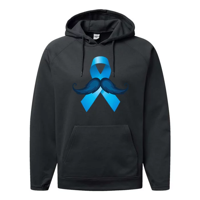 Light Blue Ribbon Mustache Prostate Cancer Awareness Performance Fleece Hoodie