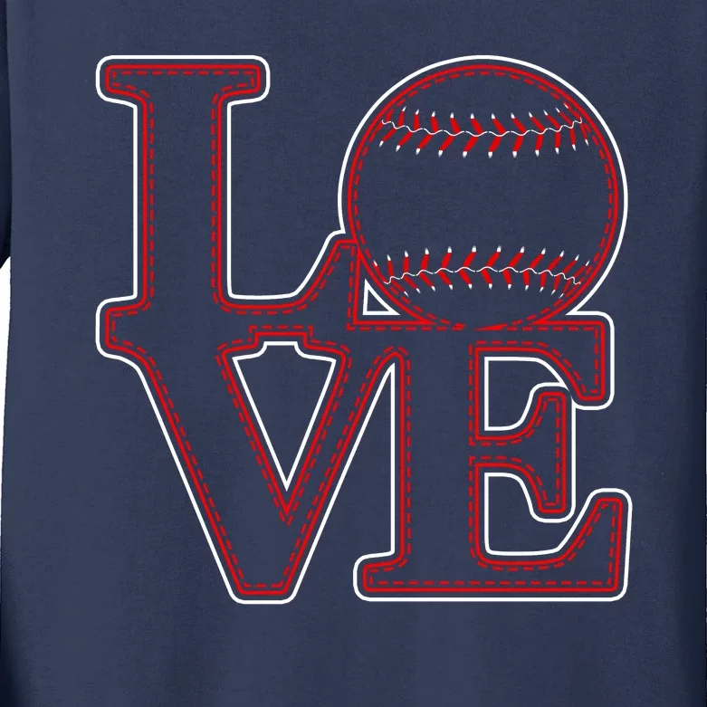 Love Baseball Stitch Letters Baseball Fan Kids Long Sleeve Shirt