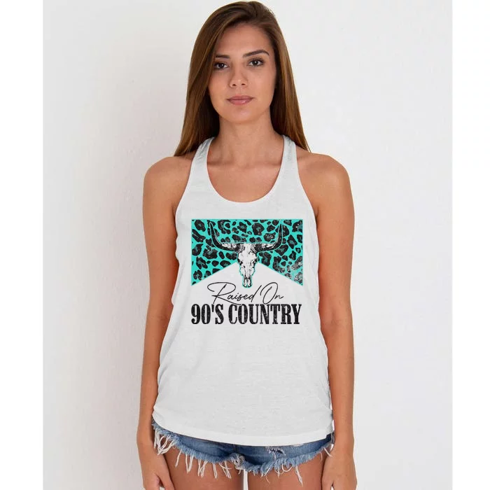 Leopard Bull Skull Raised On 90S Country Music Women's Knotted Racerback Tank