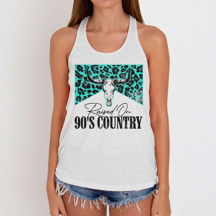 Leopard Bull Skull Raised On 90S Country Music Women's Knotted Racerback Tank