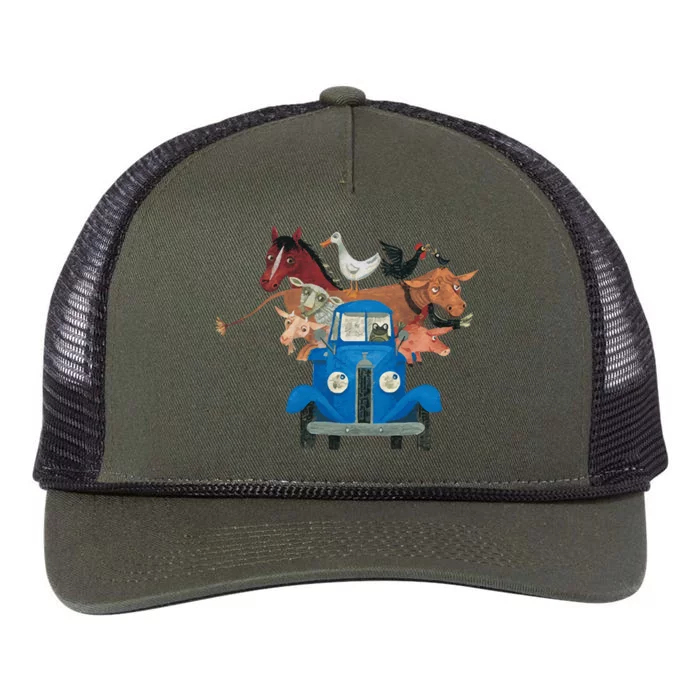 Little Blue Truck And Farm Animals Illustration Retro Rope Trucker Hat Cap