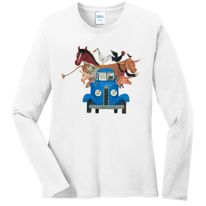 Little Blue Truck And Farm Animals Illustration Ladies Long Sleeve Shirt