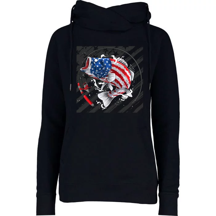 Largemouth Bass USA Flag Imprint Womens Funnel Neck Pullover Hood