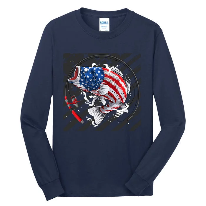 Largemouth Bass USA Flag Imprint Tall Long Sleeve T-Shirt