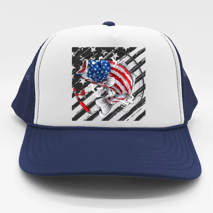 Largemouth Bass USA Flag Imprint Trucker Hat