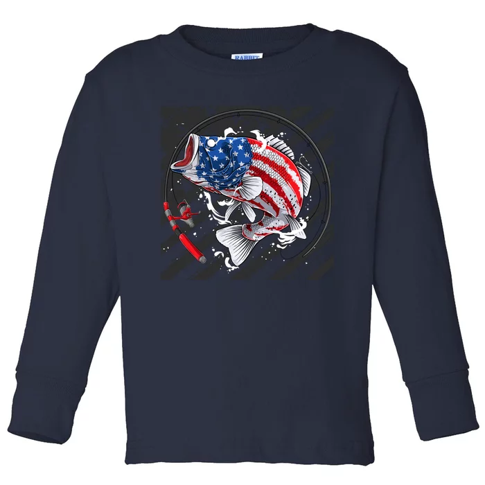 Largemouth Bass USA Flag Imprint Toddler Long Sleeve Shirt