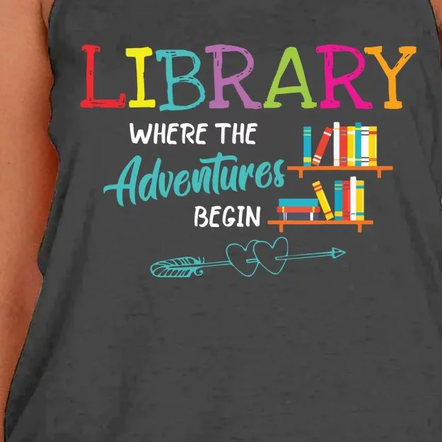 Library Books Where Adventure Begins Librarian Reader Women's Knotted Racerback Tank