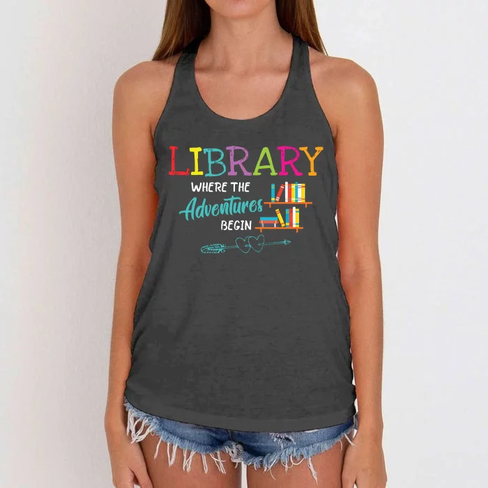 Library Books Where Adventure Begins Librarian Reader Women's Knotted Racerback Tank