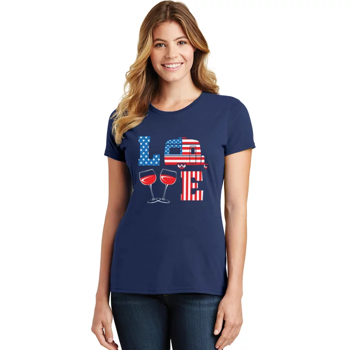 Love Camping American Flag Flip Flop 4th Of July Camper Gift Women's T-Shirt