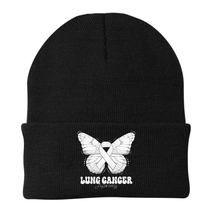 Lung Cancer Awareness Month White Ribbon Butterfly Knit Cap Winter Beanie