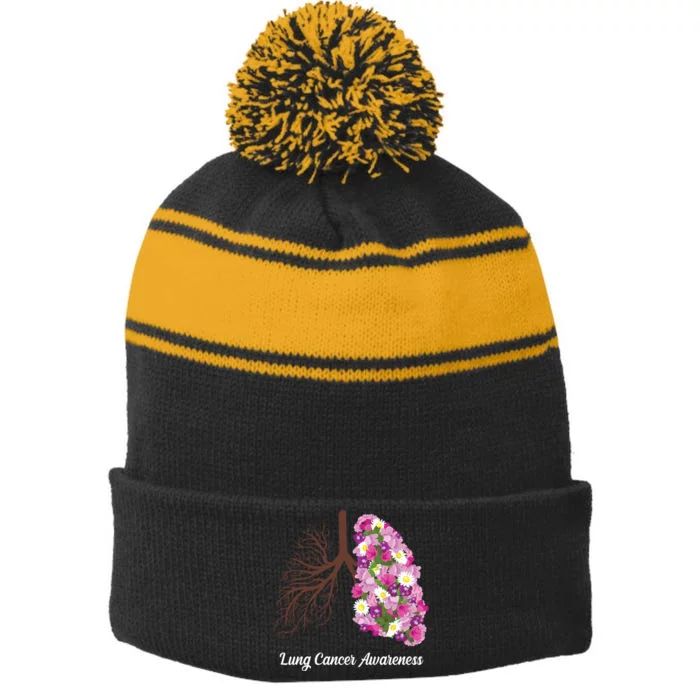 Lung Cancer Awareness Floral Stripe Pom Pom Beanie