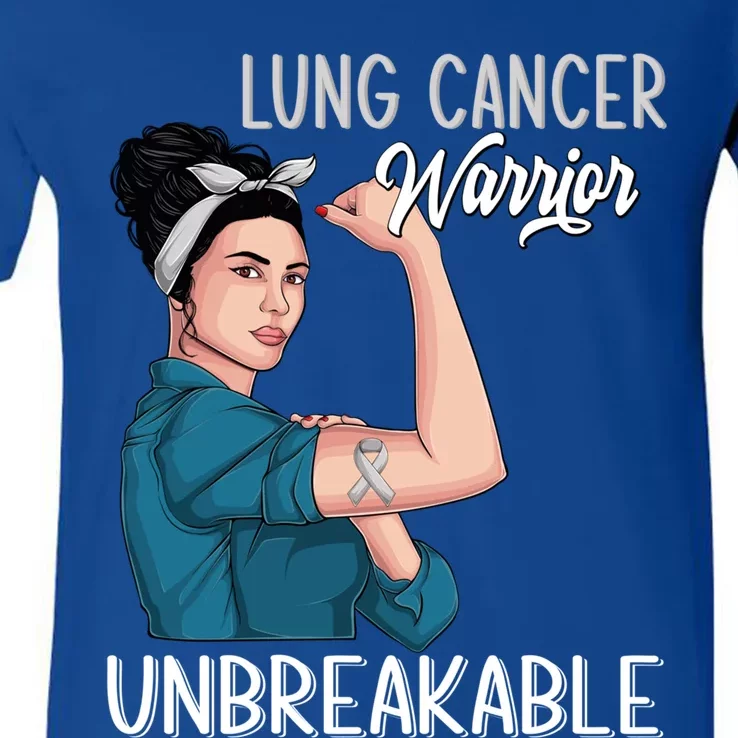 Lung Cancer Awareness Warrior Unbreakable Support Gift V-Neck T-Shirt