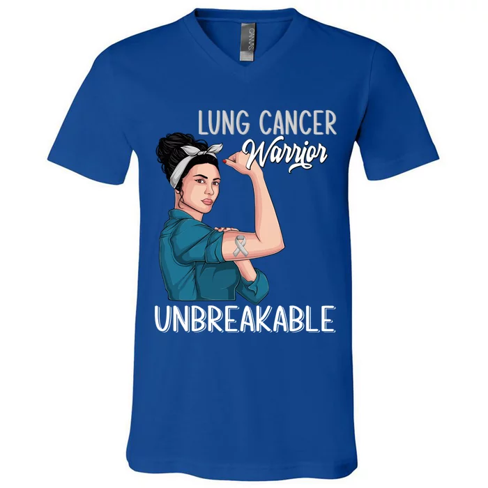 Lung Cancer Awareness Warrior Unbreakable Support Gift V-Neck T-Shirt