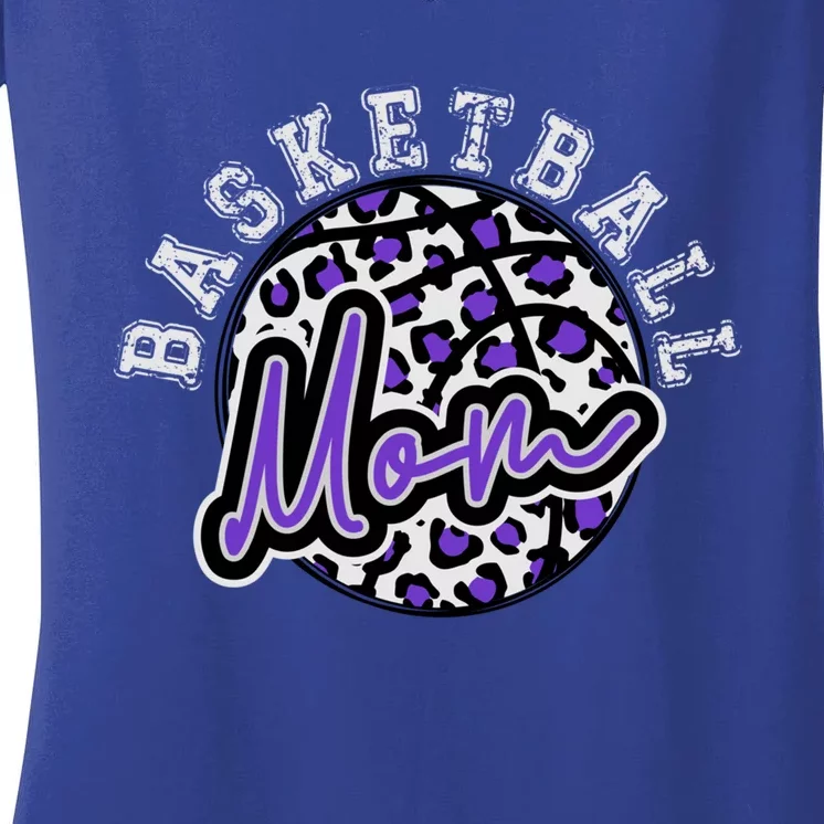 Leopard Cheetah Basketball Mom Family Purple Trendy Spirit Gift Women's V-Neck T-Shirt