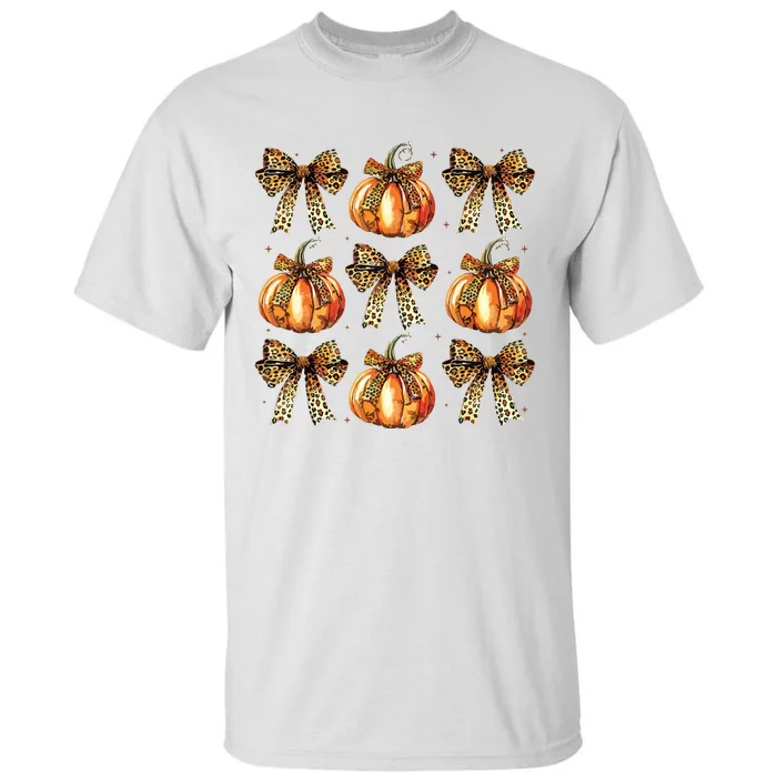 Leopard Coquette Bow Pumpkin Spooky Season Autumn Halloween Tall T-Shirt