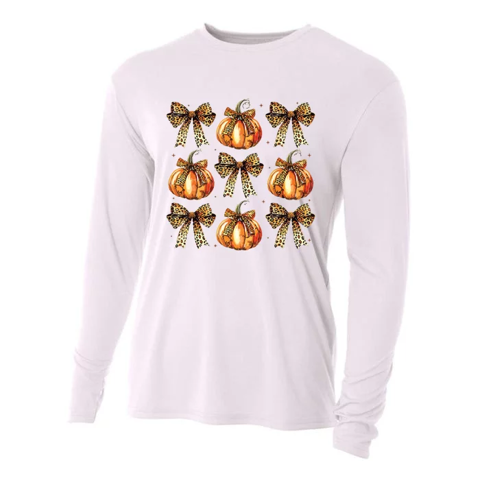 Leopard Coquette Bow Pumpkin Spooky Season Autumn Halloween Cooling Performance Long Sleeve Crew