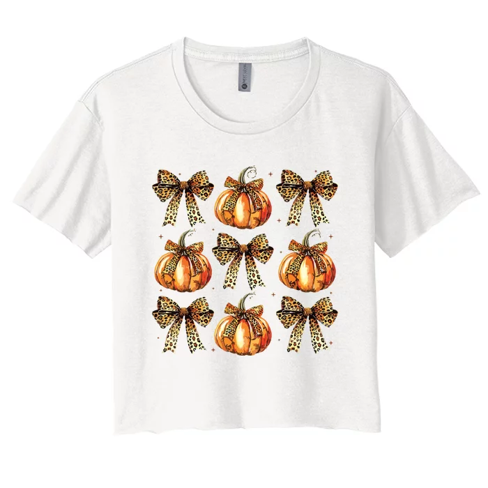 Leopard Coquette Bow Pumpkin Spooky Season Autumn Halloween Women's Crop Top Tee