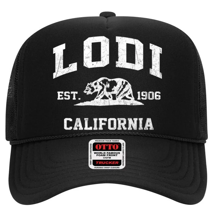 Lodi California CA Vintage State Athletic Style High Crown Mesh Trucker Hat