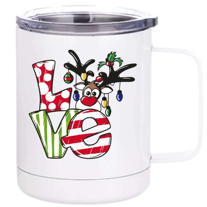 Love Christmas Cute Reindeer Front & Back 12oz Stainless Steel Tumbler Cup