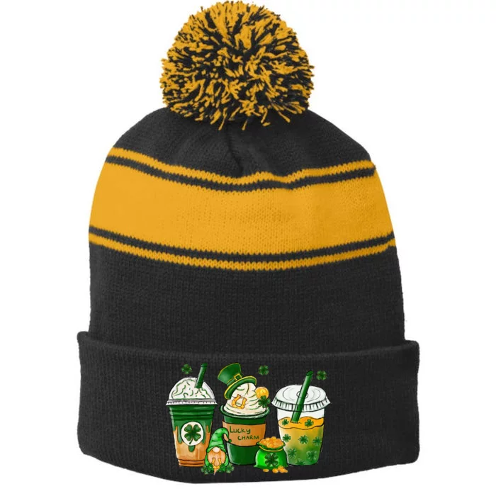 Lucky Charm Coffee Drinking Irish St Patrick's Day Stripe Pom Pom Beanie