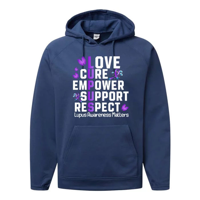 Love Cure Empower Support Respect Lupus Awareness Gift Performance Fleece Hoodie