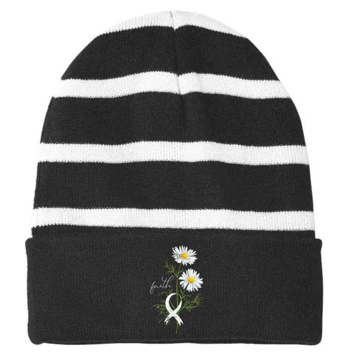 Lung Cancer Fight Support White Ribbon Gift Lung Cancer Striped Beanie with Solid Band