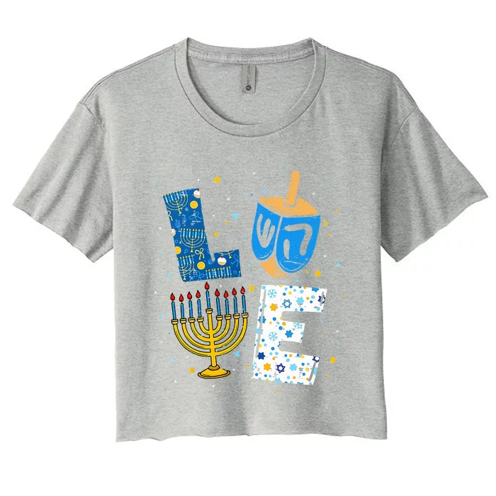 LOVE Cute Hanukkah Decorations Dreidel Menorah Chanukah Women's Crop Top Tee